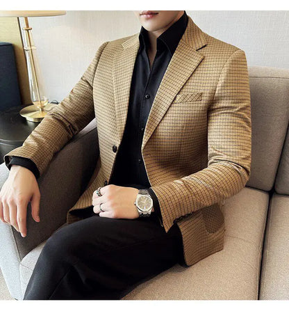 Men's Elegant Grid Suit Jacket 2026 Spring New Fashion Slim Blazer Jackets Social Prom Dress Jacket Men's High Quality Clothing