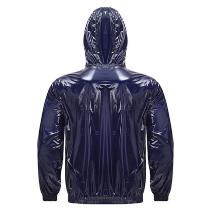 Mens Waterproof Hooded Raincoat Long Sleeve Front Zipper Rain Jacket Windbreaker with Drawstring Hood for Hiking Fishing Biking