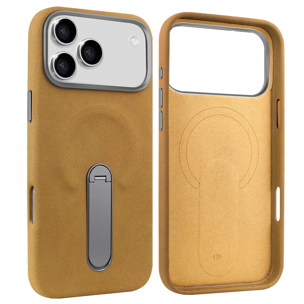 For iPhone 17 Pro Protective Case With Metal Rotatable Kickstand Suede Artificial Leather Phone Case For iPhone 17 16 15 Pro Max