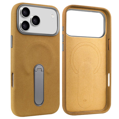For iPhone 17 Pro Protective Case With Metal Rotatable Kickstand Suede Artificial Leather Phone Case For iPhone 17 16 15 Pro Max