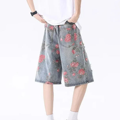 2025 Mens Rose Print Distressed Denim Shorts Summer Baggy Ripped Jeans Five Inch Cargo Shorts Y2K Streetwear Vintage Hip Hop