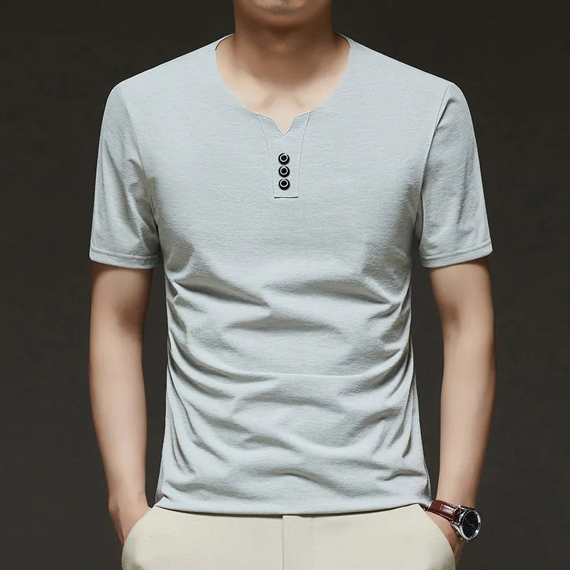 2026 New Men's Business Casual Three Button V-neck Short Sleeved T-shirt Korean Style Summer Comfortable Versatile Top
