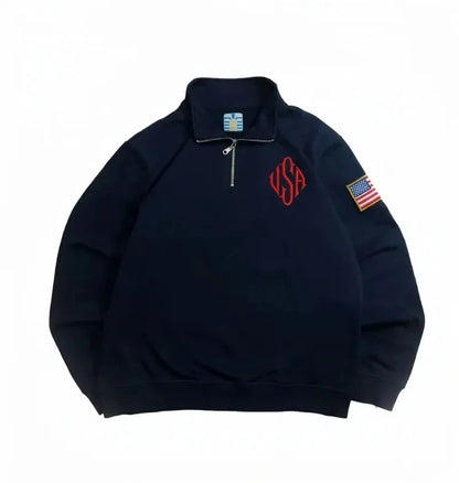 Y2K Navy Blue Quarter Zip Sweatshirt USA Embroidered American Flag Patch Jacket Men Women Vintage Streetwear Fashion Trend Top