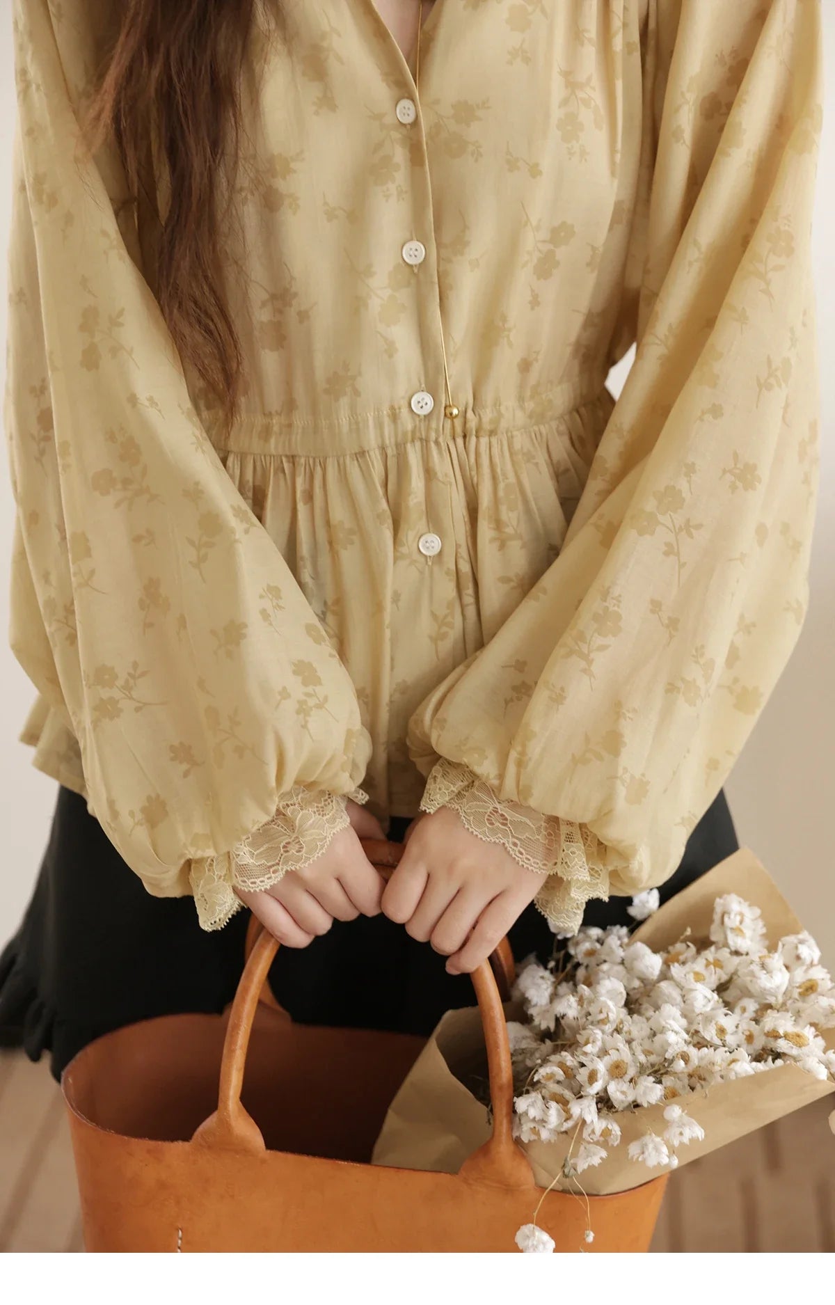 Elegant Woman Shirt 2025 Autumn Yellow Printing Lantern Sleeves Shirt Commute Drawstring Waist Lace Trim Top MXE45X2499