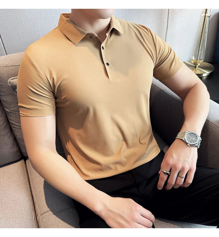 Ice Silk High Elastic Seamless T-shirt ,Summer Thin Polo Shirt, Solid Color Polo Collar Short Sleeve Brown Top, Business Leisure