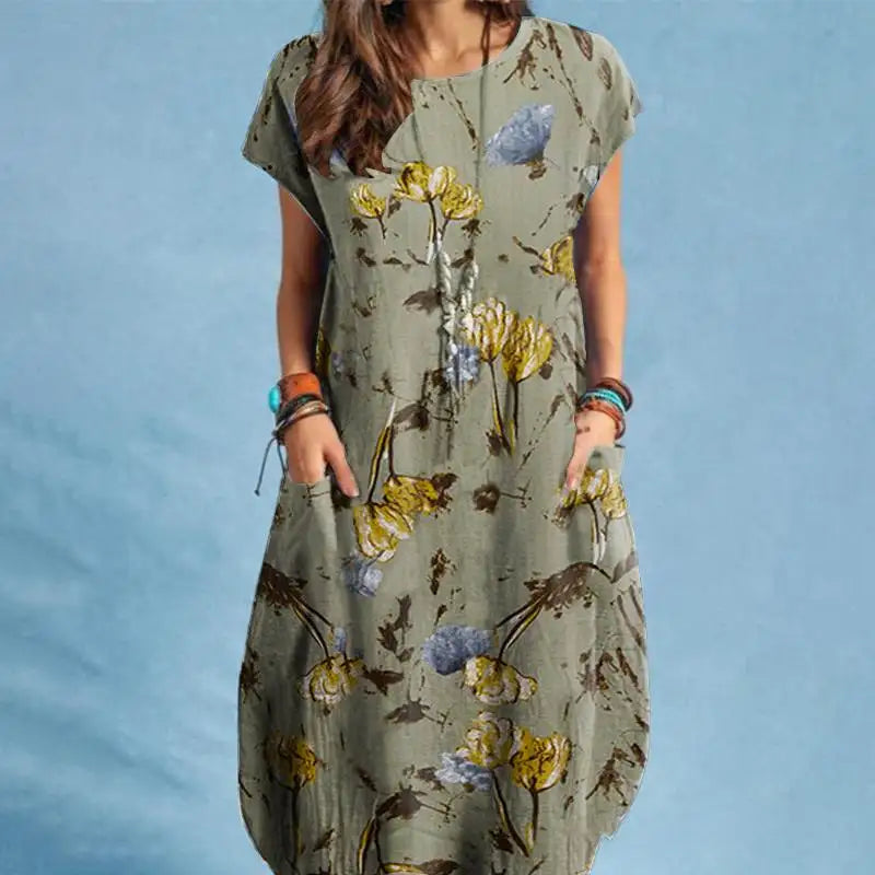 Women Summer Dress Bohemian Floral Print Vestido O-Neck Short Sleeve Pockets Sundress Fashion Casual Elegant Holiday Robe
