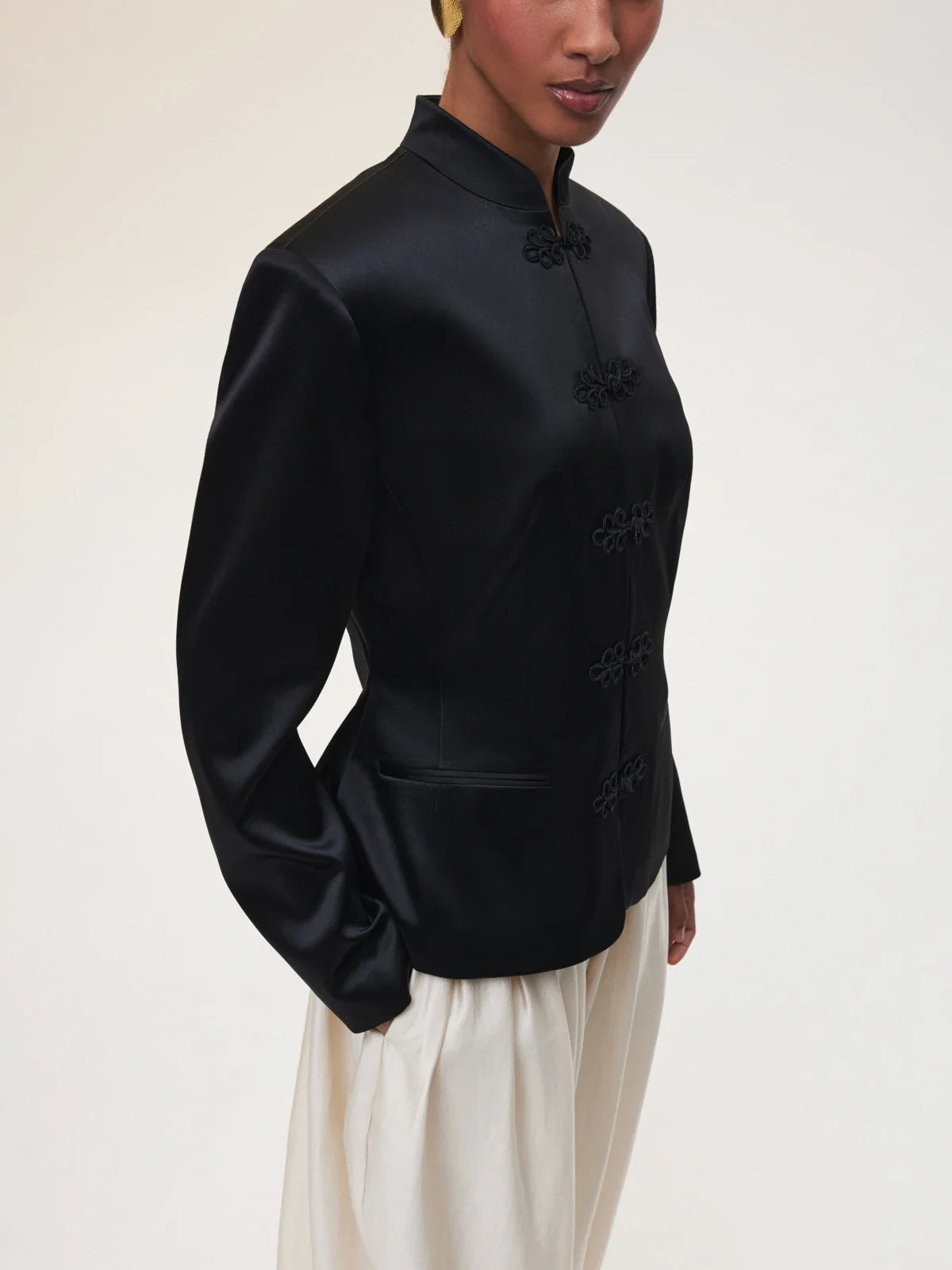 Women's Spring Summer Satin Mandarin Collar Knot Button Blazer Chic Formal Casual Wear 2026 Trendy Feminine Fashion Coat