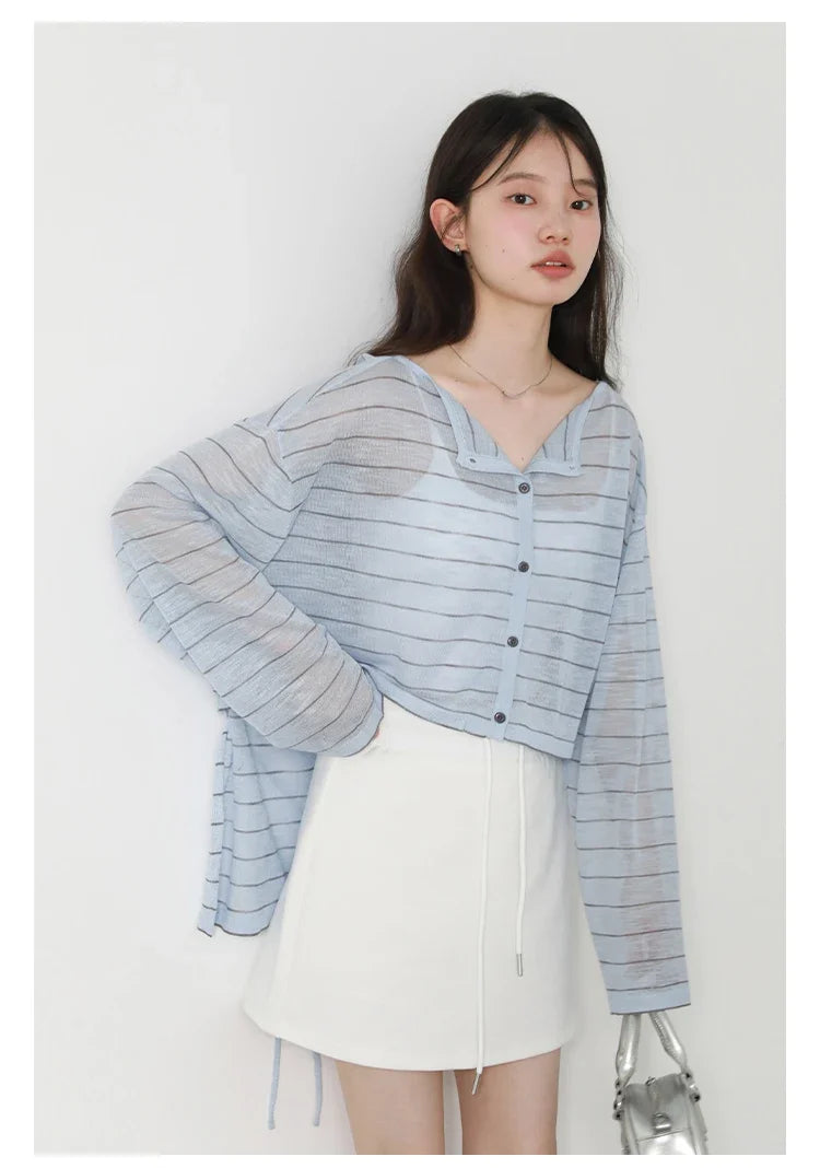 Korean Women T-Shirts Loose Casual New Striped Long Sleeve Sunscreen Shirt Designed Female Tees Summer 2025