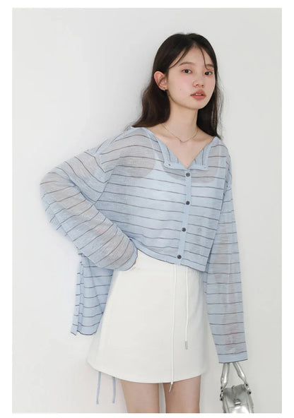 Korean Women T-Shirts Loose Casual New Striped Long Sleeve Sunscreen Shirt Designed Female Tees Summer 2025