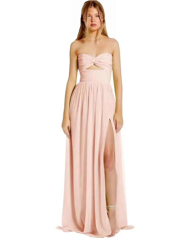Strapless Chiffon Prom Dresses Pleated Sexy High Split Backless Cocktail Party Dress Off The Shoulder Long Homecoming Dress