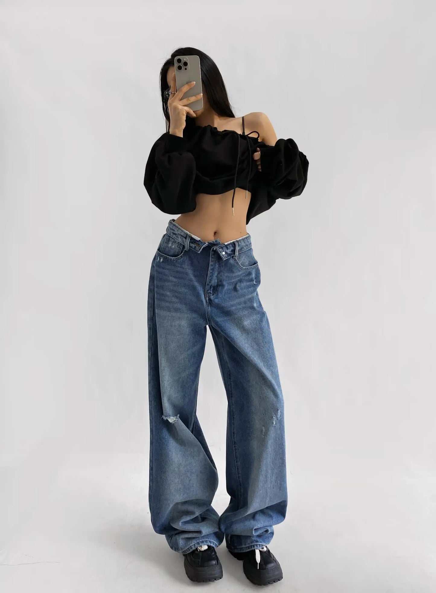 American Retro Cuffed High Waist Slimming Casual Denim Jeans Women's Autumn Versatile Loose Straight Leg Floor-Length Pants