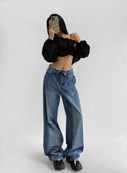 American Retro Cuffed High Waist Slimming Casual Denim Jeans Women's Autumn Versatile Loose Straight Leg Floor-Length Pants