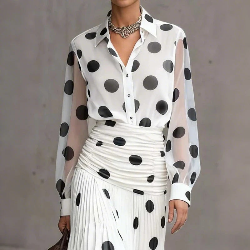Modigirl Women's Vintage Polka Dot Chiffon Shirt 2026 Semi Sheer Sleeves Slimming Versatile for Daily Office Early Autumn Wear