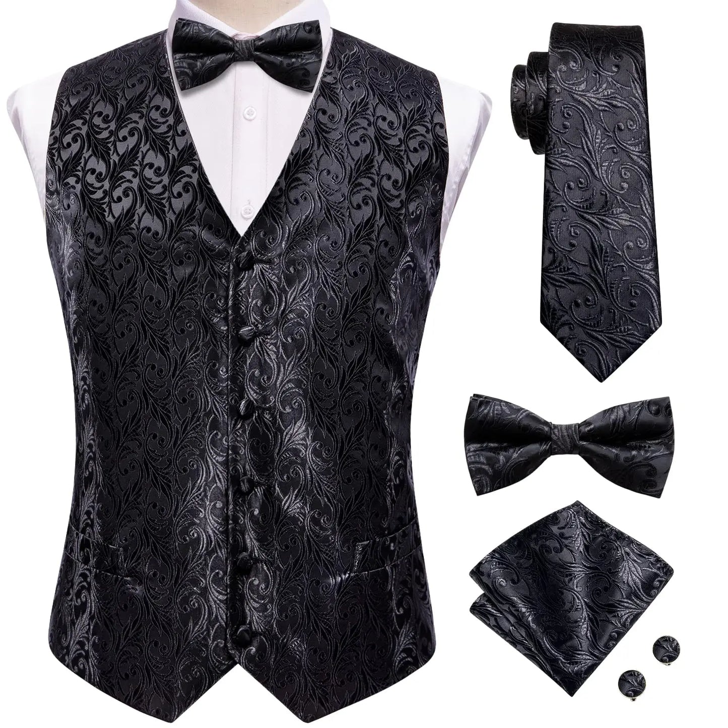 Luxury Silk Mens Vests Rose Gold Pink Striped Waistcoat Necktie Bowtie Hanky Cufflinks Set Waist Jacket For Men Wedding