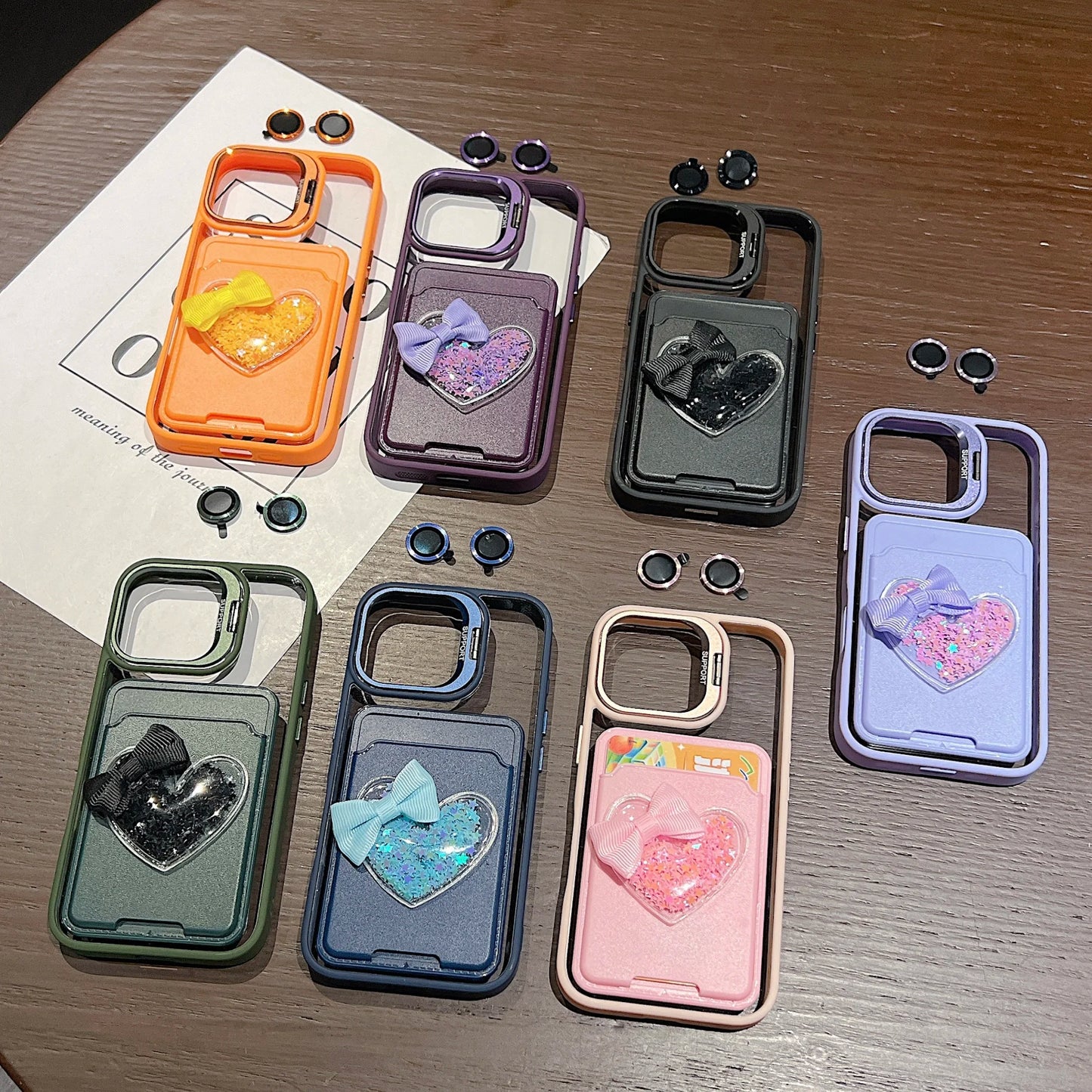 Luxury Metal Stand Exquisite Heart Card Bag Shock Proof Case for iPhone 17 16 15 14 13 12ProMax Plus Send camera protective film