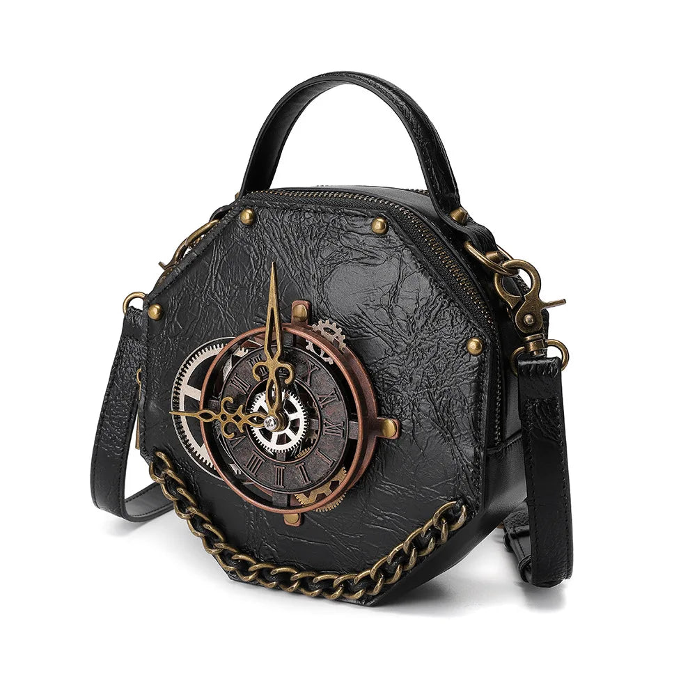 New Gothic Leather Clock Bag Steampunk Shoulder Bags Vintage Women Handbags Messenger Crossbody Bag Ladies Rivet Top-Handle Bags