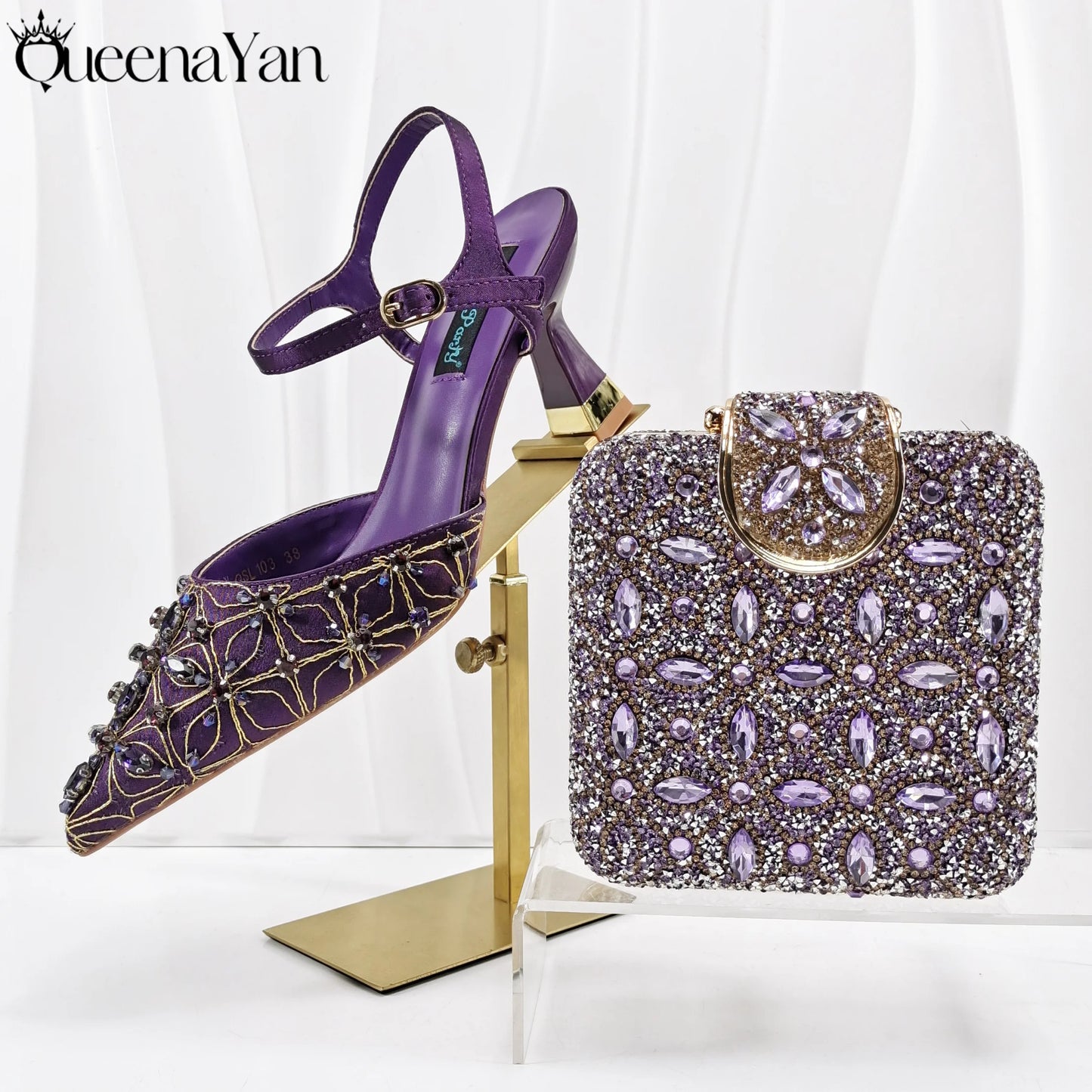 Elegant Full High Quality Diamond Design Olive Color Italian Women's Shoe and Handbag Set for Weddings and Special Occasions