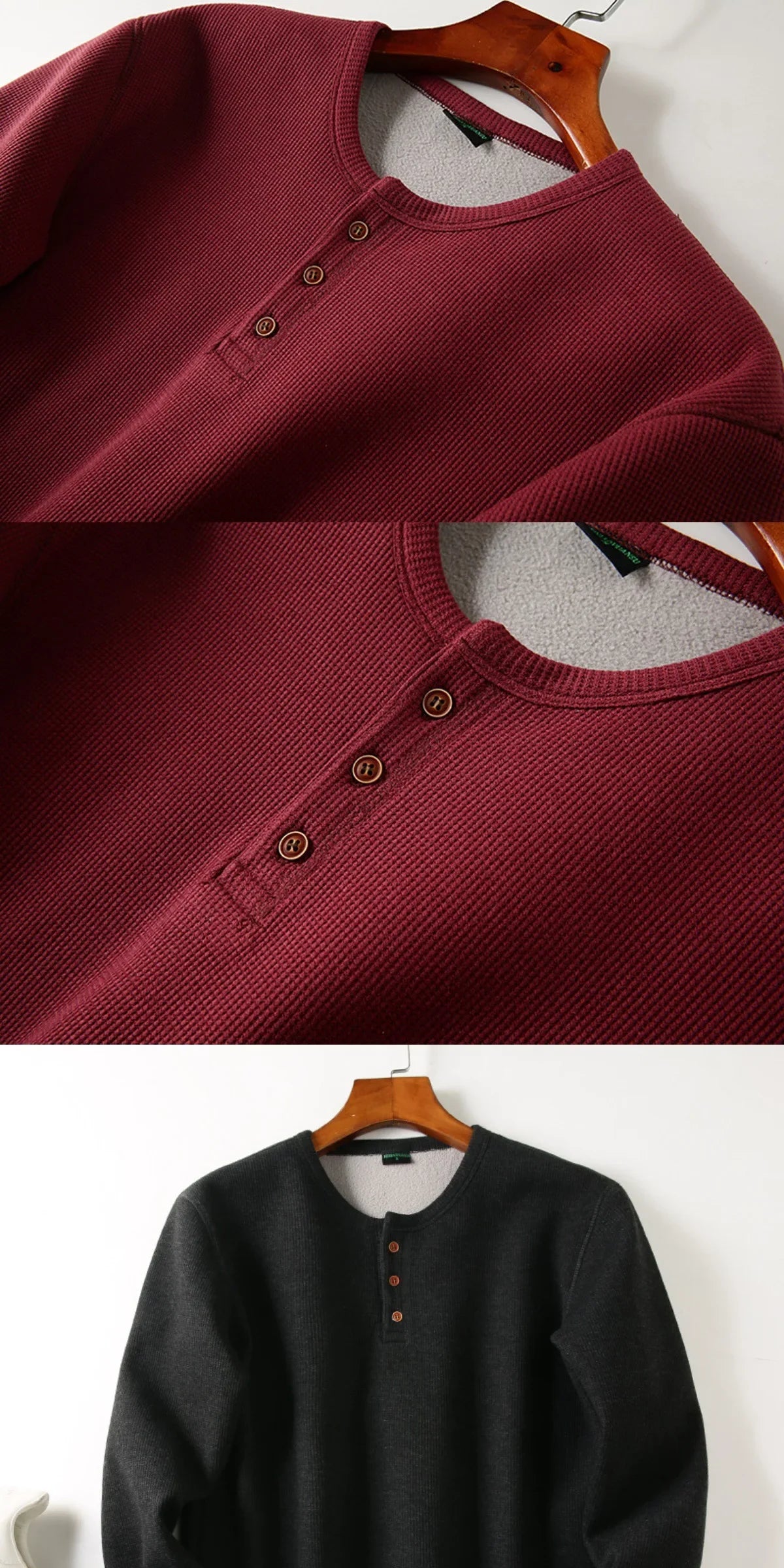Men's Fleece - Lined Thickened Long - Sleeved Henley Neck Waffle Knit T - Shirt