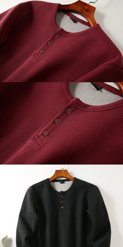 Men's Fleece - Lined Thickened Long - Sleeved Henley Neck Waffle Knit T - Shirt