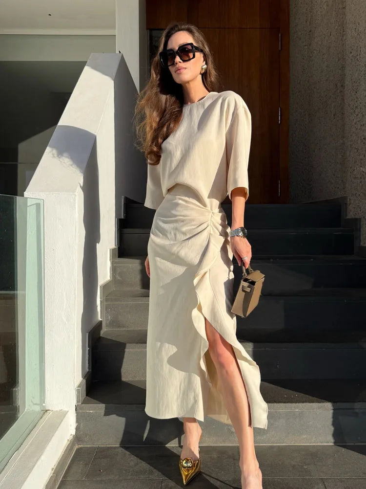 Women New Fashion Round Neck Pleated Short Sleeve Waist Dress Women Casual Sexy Side Zipper Button Solid Midi Summer Dress