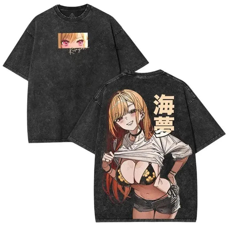 My Dress-Up Darling Kitagawa Marin Kawaii Graphic Print T-shirt Men Women Retro Washed O-neck Cotton Tee Oversize Summer New Top