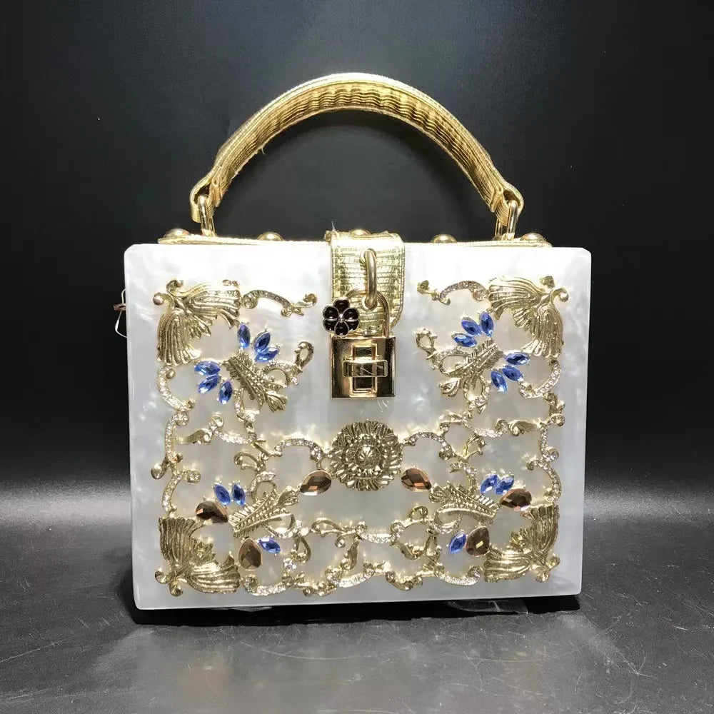 Luxury Designer Shimmer Acrylic Box Glitter Rhinestones Diamond Evening Bag Wedding Party Clutch Purse Shoulder Messenger Bag