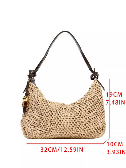 Casual Hobos Straw Bag Designer Woven Women Shoulder Bags Vintage Bead Deco Handbags Handmade Summer Beach Bag Small Tote Purses