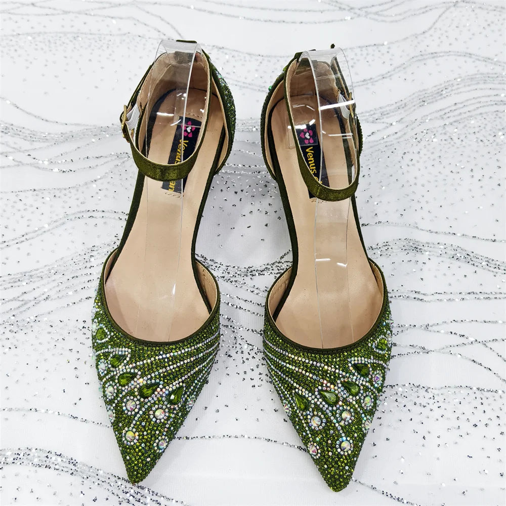 Elegant Italian Design Pointy Heels with Rhinestone-Embellished Laurel Shape - Comfortable & Durable for Every Occasion