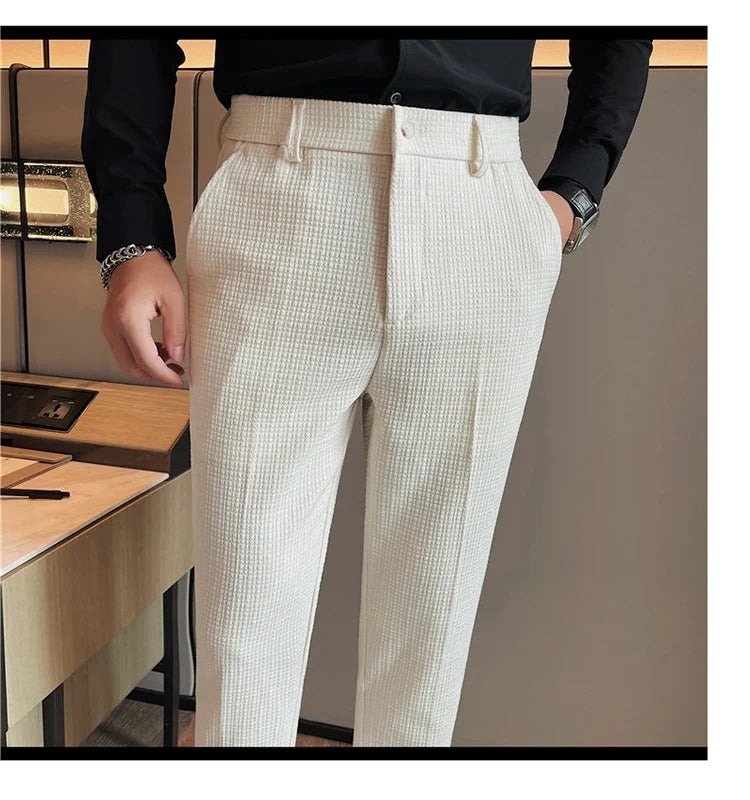 Men's Waffle Casual Pants Fashion Korean Stretch Waist Business Formal Pants Mens Social Party Suit Pants Streetwear Pencil Pant