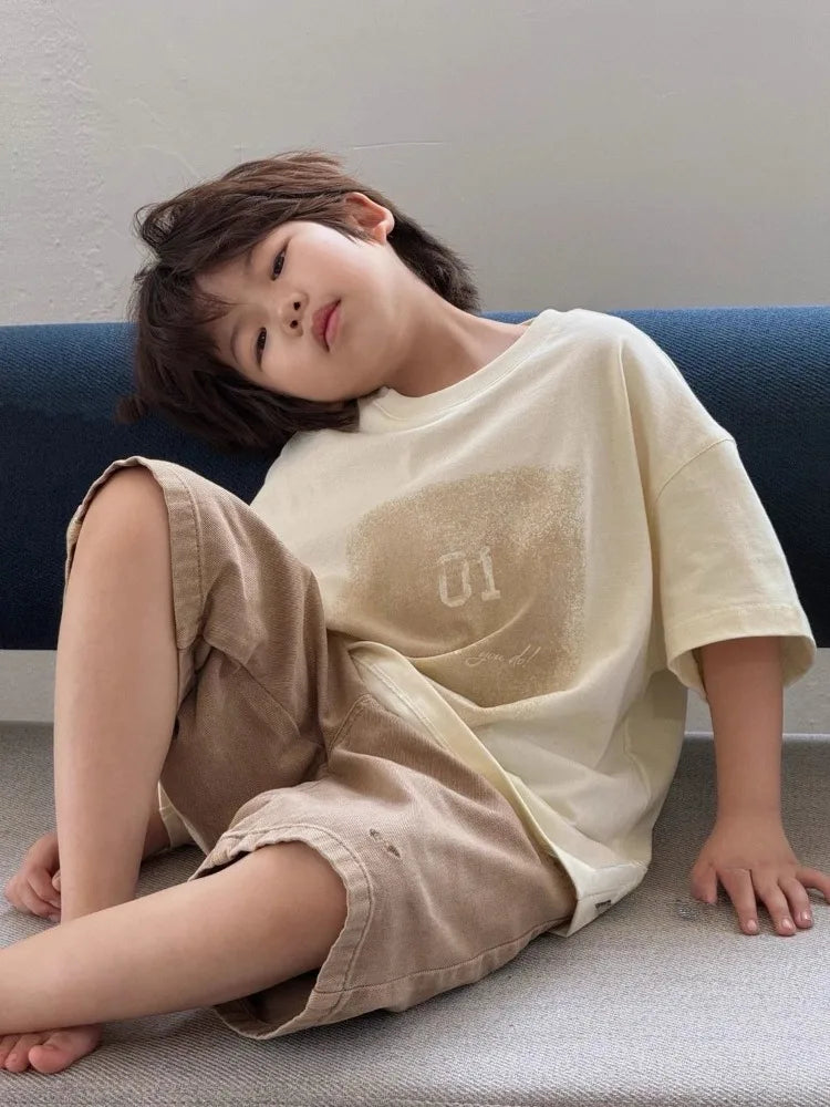 2026 Summer Korean Designer Kids' Unisex Short Sleeve T Shirt Trendy Boys Girls Summer Apparel Soft Cotton Blend Size 110-170cm