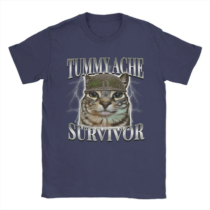 Tummy Ache Survivor Cat Meme Funny Saying Cats Animals T Shirt Summer  Pure Cotton T-Shirts For Men's Trending Casual Tee Shirt