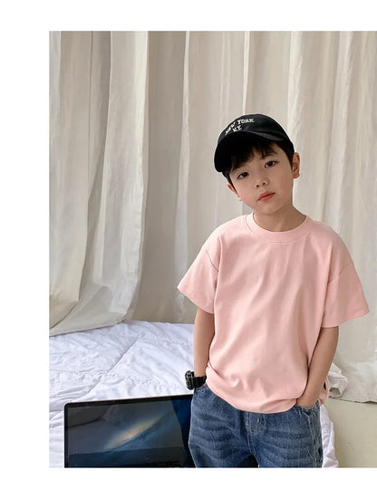 Summer Casual School Kids Cotton Plain Tee Tops Baby and Boys Short-Sleeved T-Shirt Children Outfit Clothing 1-16 Years