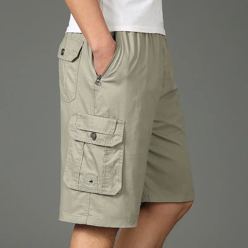 2024 Shorts Men Bermuda Cotton Pocket Zip Cargo Shorts Fashion Style Elastic Army Male Summer Casual Knee Length Vintage Yellow