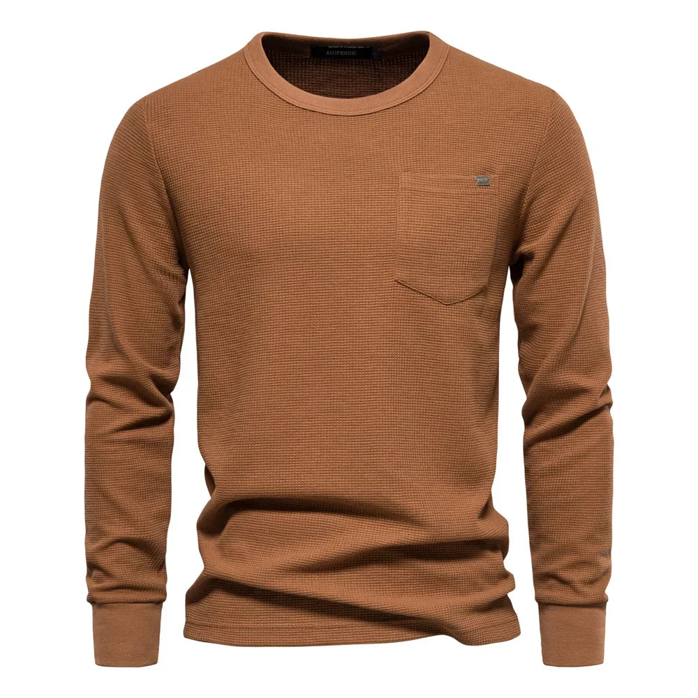 Men's Waffle Cotton Long Sleeve T-Shirt - Solid Color Single Pocket Design, Autumn Basic Breathable Top for Casual Outfits