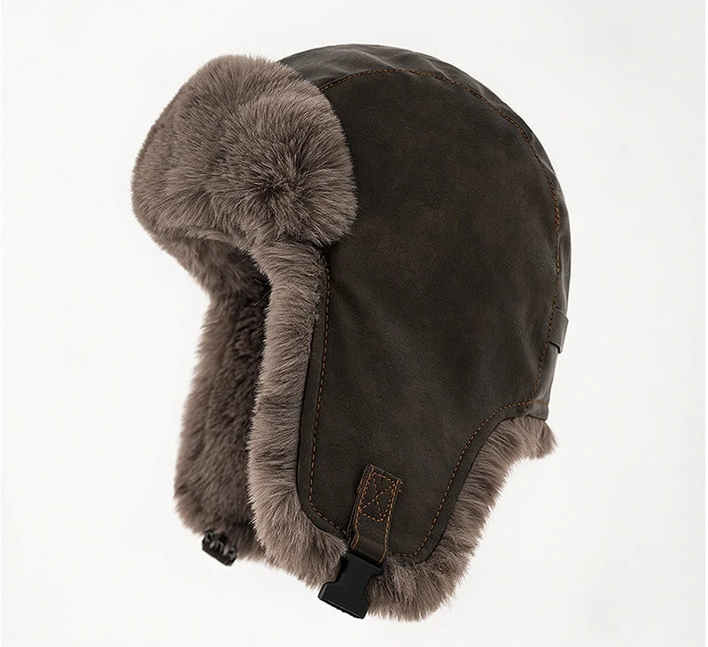 Men Winter Bomber Hat Outdoor Motorcycle Windproof Thicken Warm Faux Fur Pilot Earflap Hat Leather Thermal Ushanka