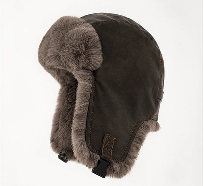 Men Winter Bomber Hat Outdoor Motorcycle Windproof Thicken Warm Faux Fur Pilot Earflap Hat Leather Thermal Ushanka