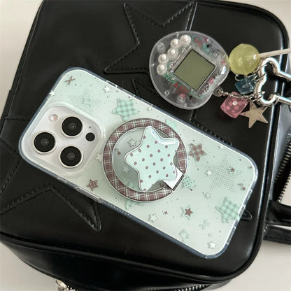 Fashion Mint Green Polka Dot Star Magnetic Stand Phone Case For iPhone 17 16 Pro 15 14 Pro Max Cover For Magsafe Cases Cute Capa