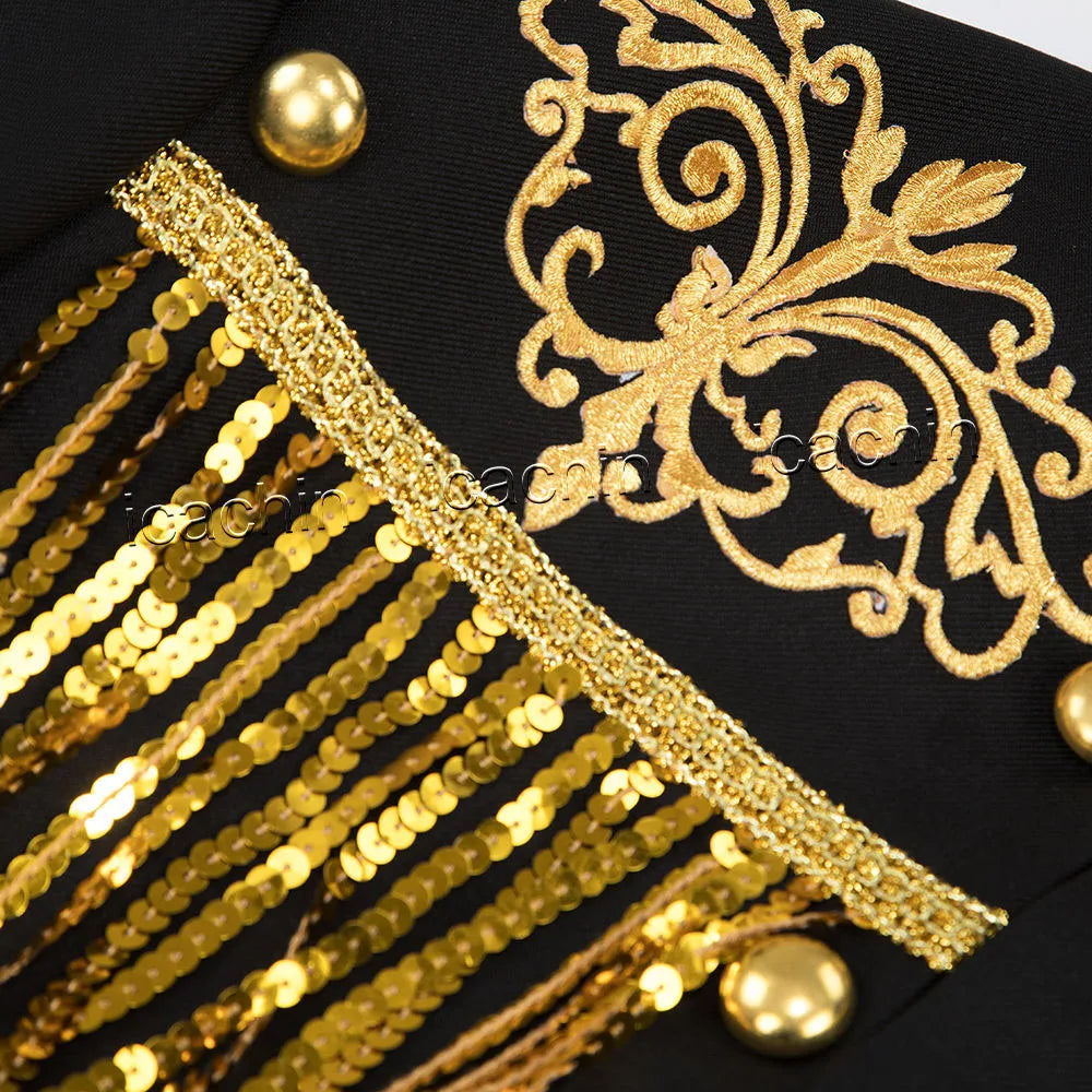Steampunk Men's Jacket DJ Dancer Ternos White Men Costumes Clothing Black and Gold Blazer with Sequin Tassels for Performer