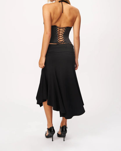 Guz Low-Waist Pleated Irregular Fishtail Skirt, Vintage Drapey Elastic Mid-Length Asymmetrical Hem Sexy Skirt, Pleated Irregular Mid-Length Skirt, Slimming Large Hem Fishtail Skirt, Black Drapey Skirt