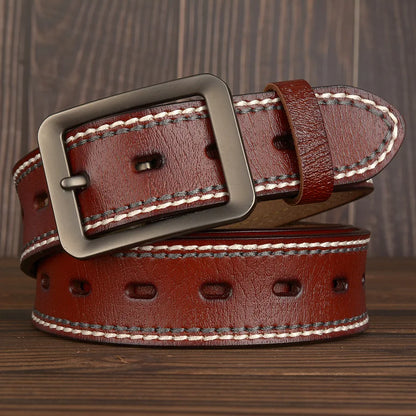 3.8CM Fashion Men Belts Genuine Leather Luxury Designer Vintage Thread Waist Belt For Jeans Cinturon Cowboy Hombre Dropshipping