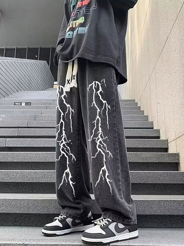 Printed Black Baggy Jeans Pants Men Straight Oversize Graphic Casual Wide Leg Denim Long Trousers Korean Drawstring Sweatpants