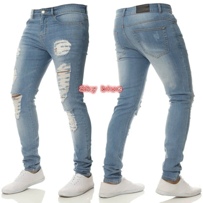 2025 New Solid Color Fashion Men Casual Pants Stretch Jeans Skinny Work Trousers Male Wash Slim Fit for Zippered Jeans Men Cloth