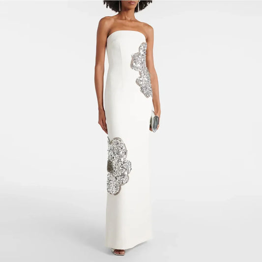 Luxury Strapless Ivory Evening Gown For Wedding Mermaid Formal Party Dress Floor Length Sleeveless Prom Dress Sequin Saudi Dress