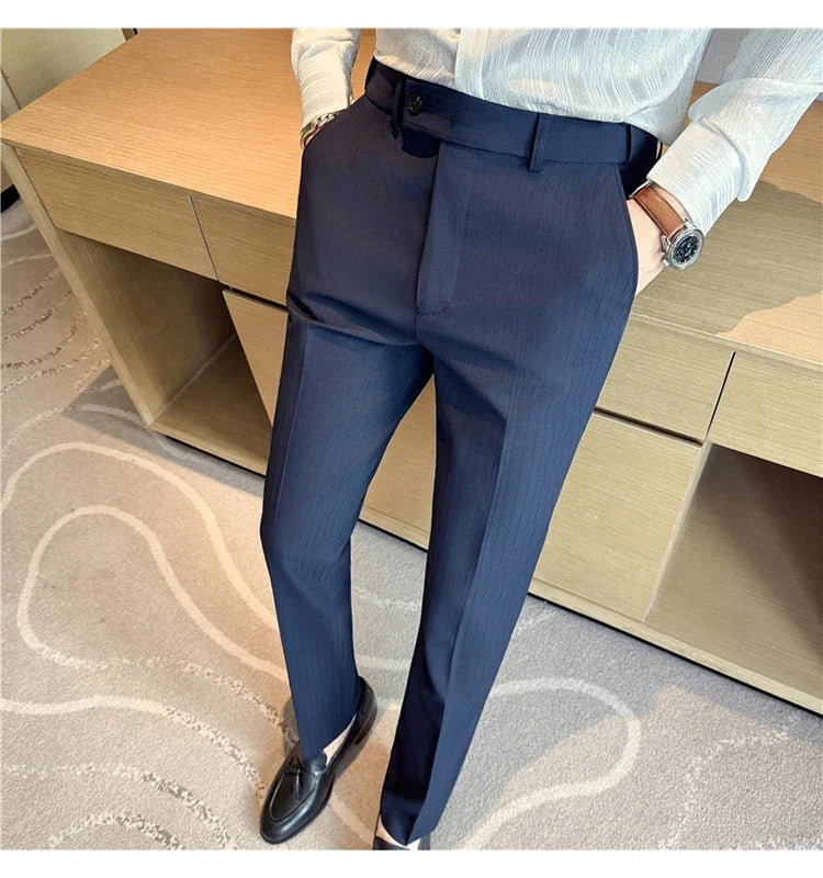 Spring Autumn New Elastic Waist Casual Trousers Male High Waist Dark Striped Slim Fit Pants Men Business Formal Casual Suit Pant