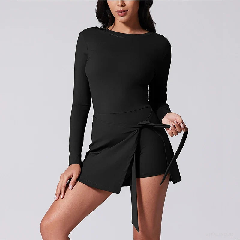 Womens High Neck Tennis Dress Long Sleeve Sarong Wrap Skirt Built in Shorts Golf Athletic Dress Workout Rompers