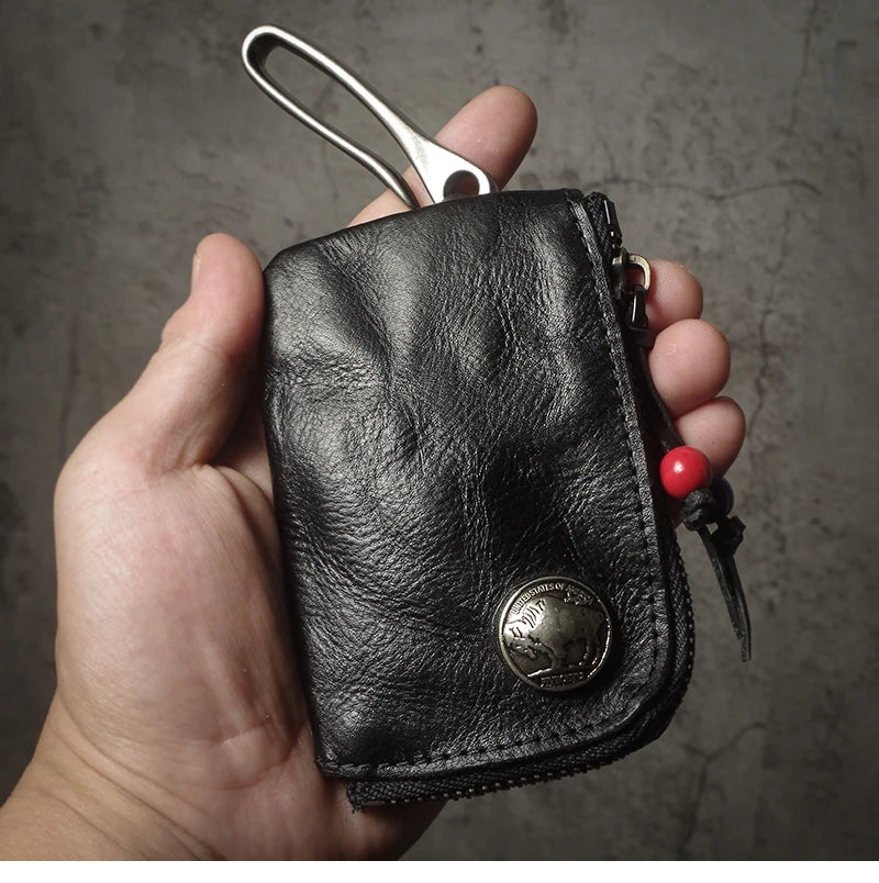 Top Cowhide Car Key Bags Men Women Vintage  Zipper Coin Purse Genuine Leather Wallet Card Holde ‌Housekeeper Home Organizer