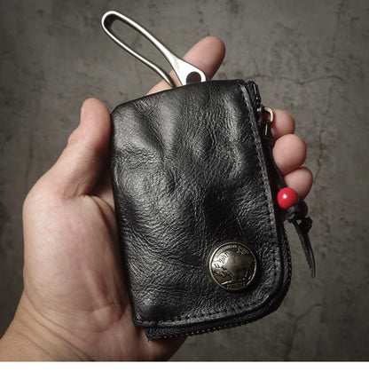 Top Cowhide Car Key Bags Men Women Vintage  Zipper Coin Purse Genuine Leather Wallet Card Holde ‌Housekeeper Home Organizer
