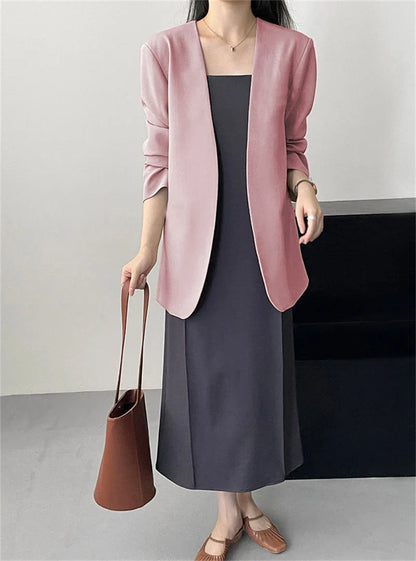 Fashion New Solid Casual Joker Women's Blazer Spring Autumn No Placket Cardigan Suit Jackets V-neck Long Sleeve 19-Color Coats