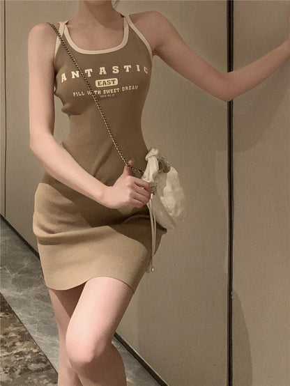 Sexy Spicy Girl Letter Print Knitted ort Dr with Belt Slimming Summer New Arrival Korean Sle A-Line Skirt without Sve
