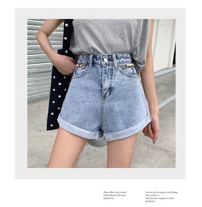 Summer 2024 Denim Shorts Women High Waisted Wide Leg Loose Crimping Blue Jeans Sequined Jean Shorts Female